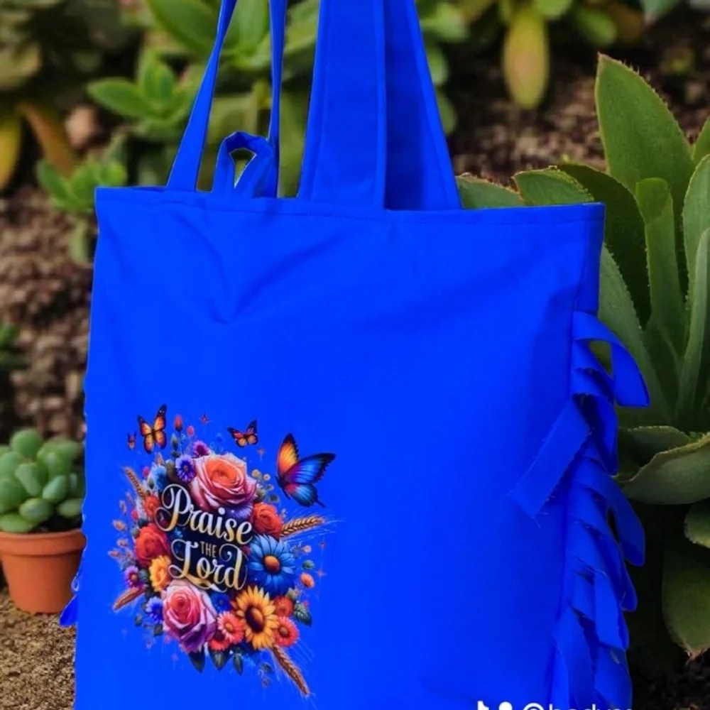 Vibrant Blue Tote Bag with Floral Embroidery